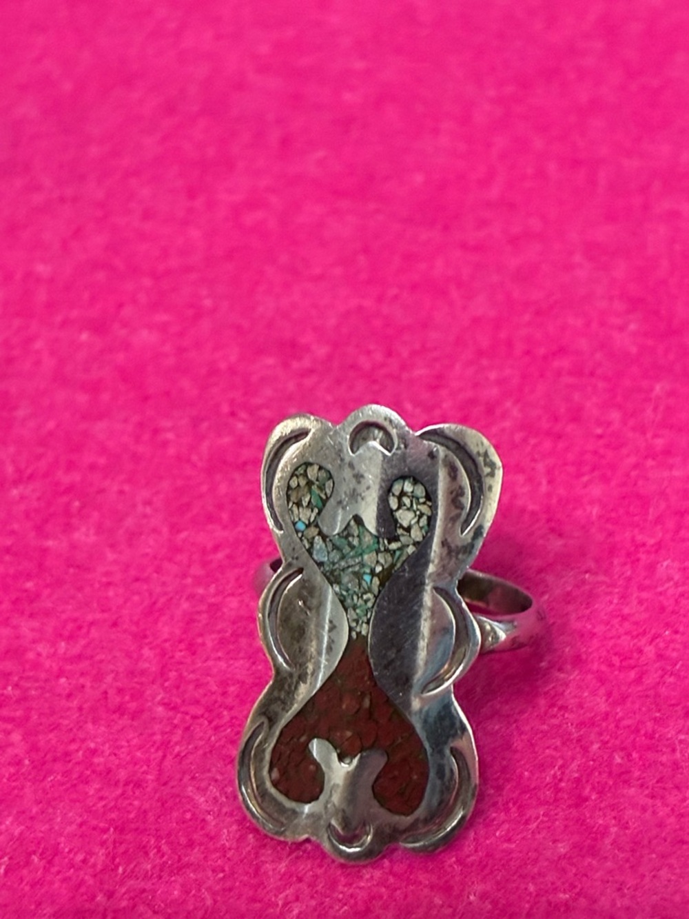 Vtg Native American Sterling Silver Turquoise & Coral Inlay ring size 6.5